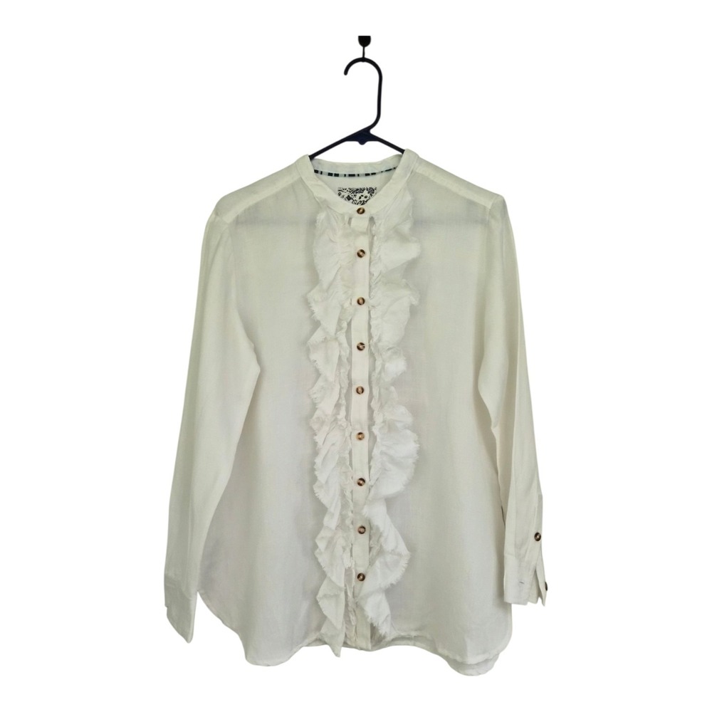 Pilcro Anthropologie SP White Linen Blend Ruffle Front Blouse Button Down Boho